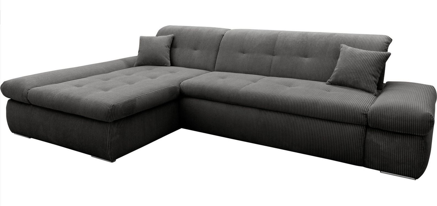 Ecksofa Moric Cord Grau mit Schlaffunktion und Armteilverstellung, Cordsofa, Cordschlafsofa, Couch grau.