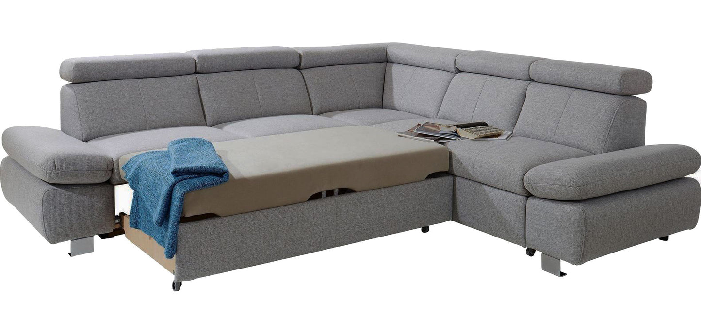 Ecksofa in grau mit Schlaffunktion und Bettkasten Sofa Happy, Couch sofort lieferbar.