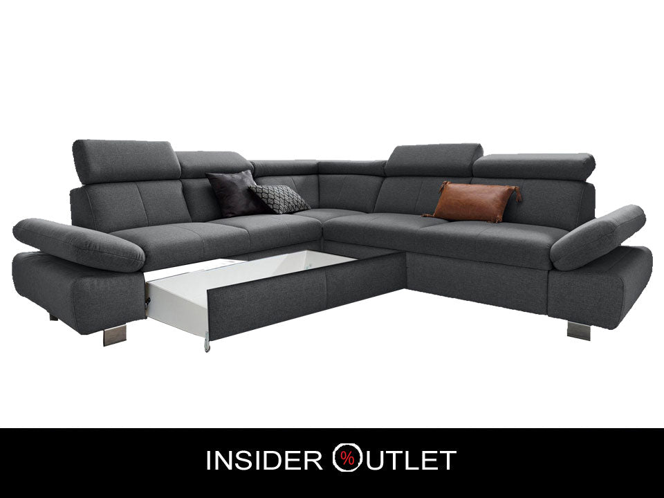 Ecksofa mit Schlaffunktion und Bettkasten sofort lieferbar in Grau Ecksofa Happy.