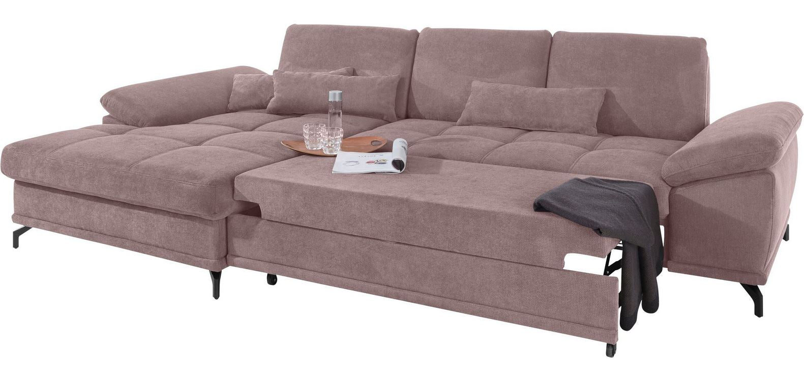 Ecksofa Costello mit Schlaffunktion, Bettkasten und Federkern in pflegeleichtem Rosa Fliede Microfaser Struktur flausch.