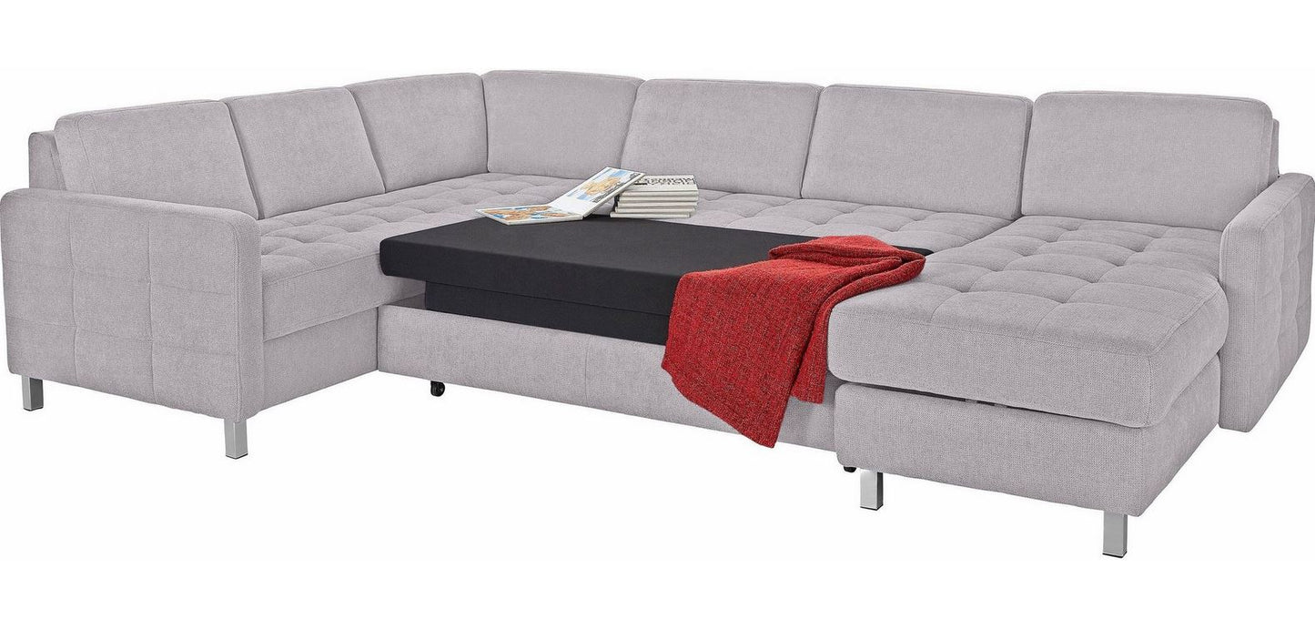 Wohnlandschaft, U-Form Pablo mit Schlaffunktion und Bettkasten in Silber Grau Microfaser.