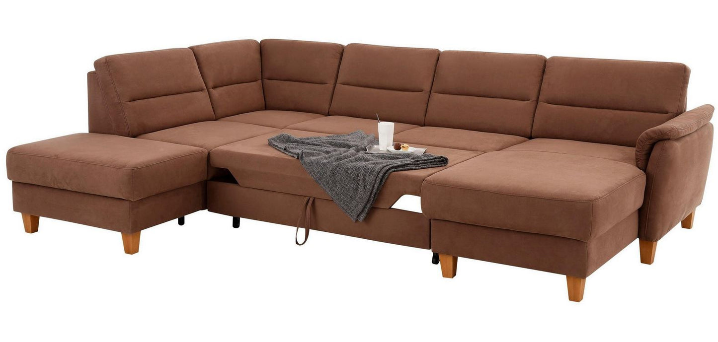 Schicke Wohnlandschaft, Sofa Palmera mit Schlaffunktion und Federkern in pflegeleichtem Microfaser in braun, u-form ist jetzt sofort verfügbar.