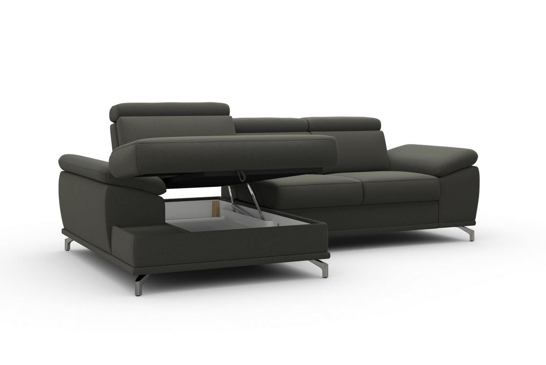 Ecksofa Fango Grau mit Schlaffunktion, großer Bettkasten, Federkern, Sitztiefenverstellung und Kopfteilverstellung in Luxus-Microfaser.