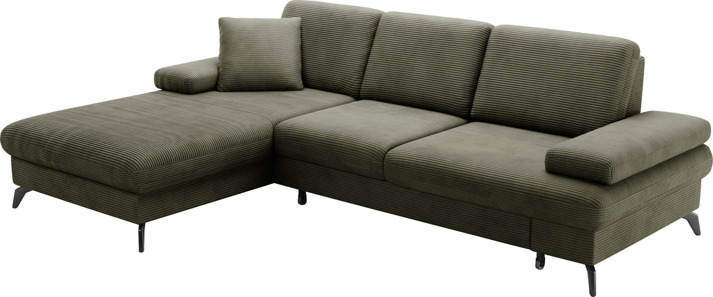Kleines Cord Ecksofa in Olive Grün mit Hocker und Schlaffunktion im Skandi Design jetzt reduziert im Angebot kaufen.