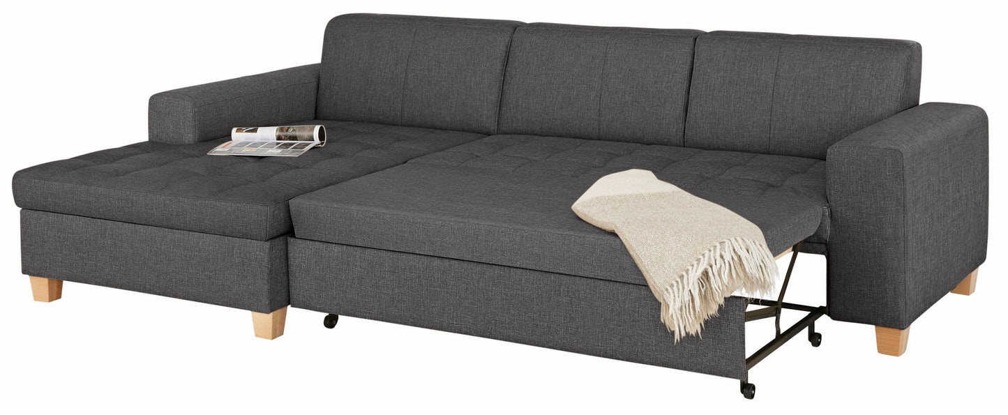 Kleines Ecksofa anthrazit grau mit Schlaffunktion in Überlänge, Bettkasten aus der Serie Teri "Corby" jetzt reduziert Online kaufen.