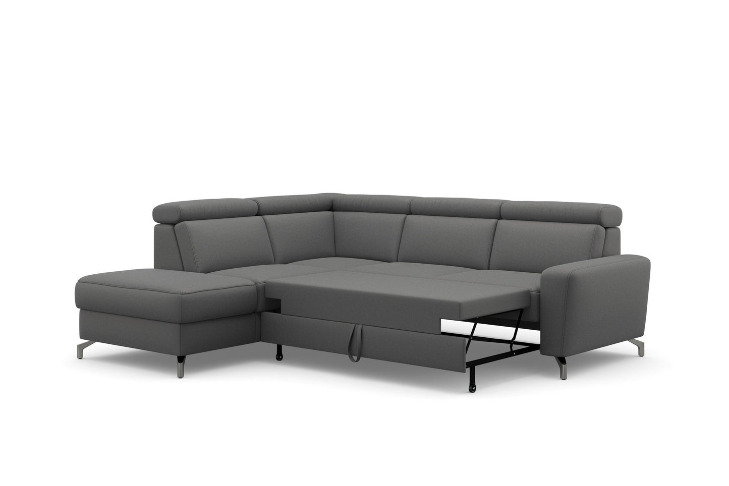 Ecksofa Scarlett Grau mit Schlaffunktion, Bettkasten, Federkern und Kopfteilverstellung in Luxus-Microfaser sofort verfügbar.