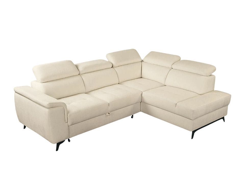 Kleines Ecksofa in Beige mit Schlaffunktion, Bettkasten und Kopfteilverstellung in pflegeleichtem Luxus Microfaser Bezug jetzt reduziert im Angebot online bestellen.