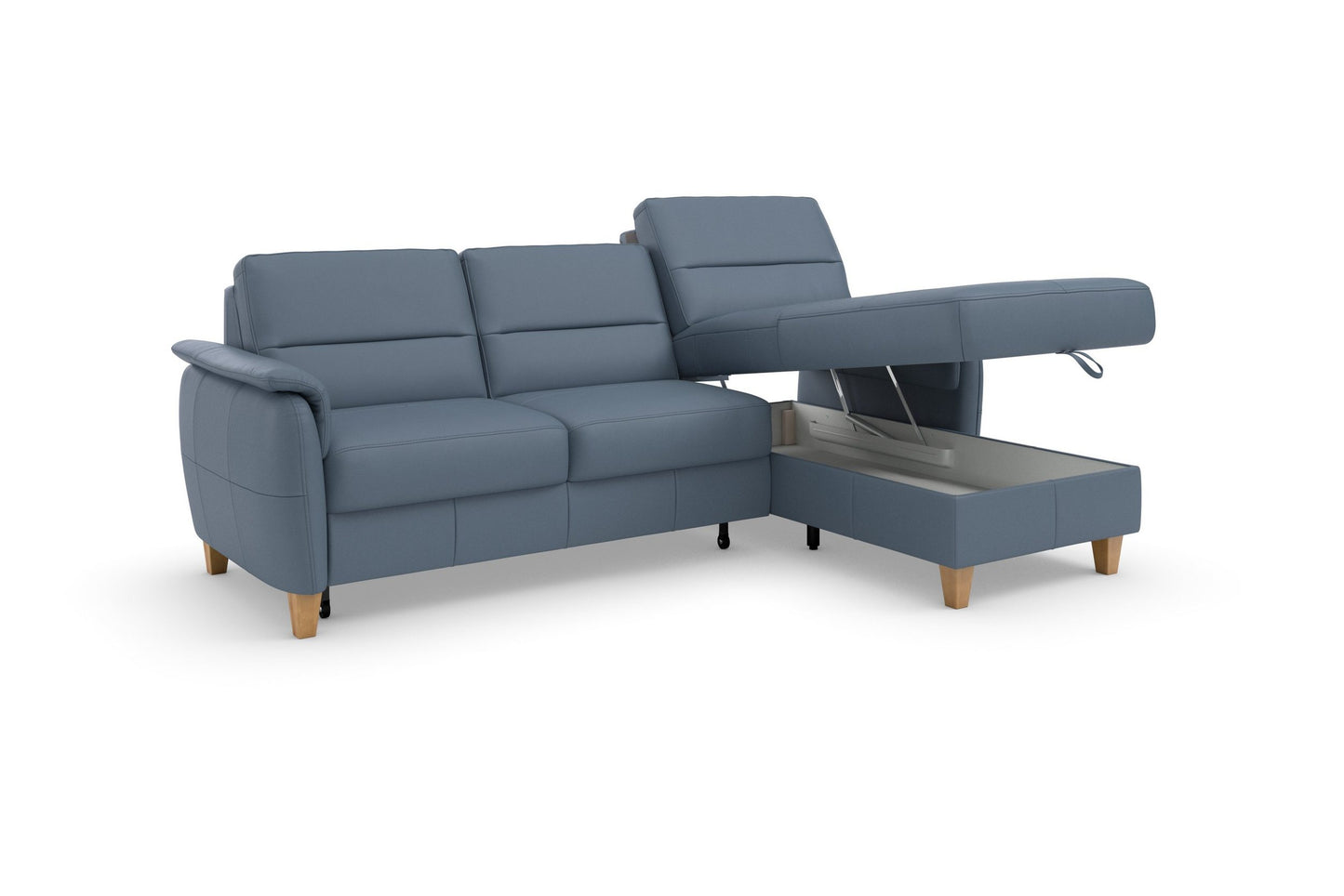 Kleines Ecksofa Grau Blau mit Schlaffunktion, Bettkasten und Federkern Couch Palmera jetzt reduziert im Angebot kaufen.
