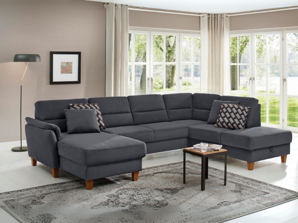 Wohnlandschaft Grau mit Schlaffunktion und Federkern im Luxus-Microfaser Bezug, U-Form Palmera jetzt reduziert im Angebot bestellen.