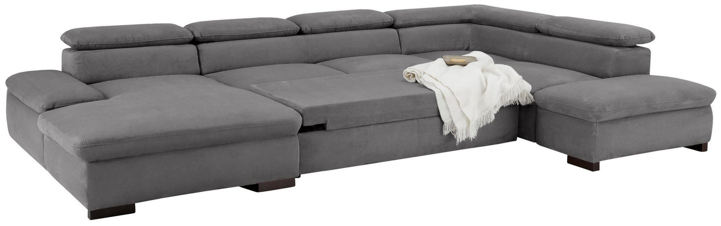 Wohnlandschaft 350 cm Schlaffunktion Grau Luxus-Microfaser B-Ware