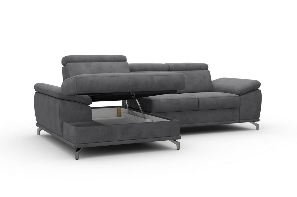 Ecksofa in Grau mit Schlaffunktion, Bettkasten, Federkern und Sitztiefenverstellung, Couch Cabrio in Microfaser.