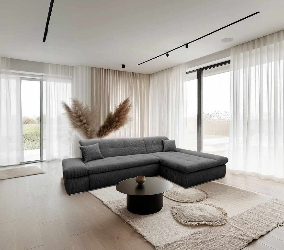 Ecksofa Moric Cord Grau mit Schlaffunktion und Armteilverstellung, Cordsofa, Cordschlafsofa, Couch grau.