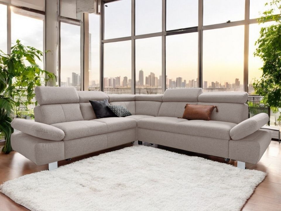 Ecksofa Creme Beige mit Schlaffunktion, Bettkasten, Armteilverstellung und Kopfteilverstellung, Couch Sofa Haustierfreundlich, Katzen geeignet.