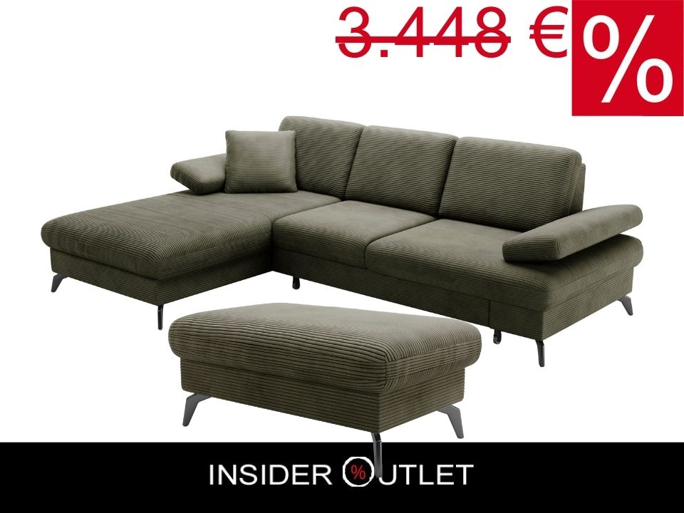 Kleines Cord Ecksofa in Olive Grün mit Hocker und Schlaffunktion im Skandi Design jetzt reduziert im Angebot kaufen.