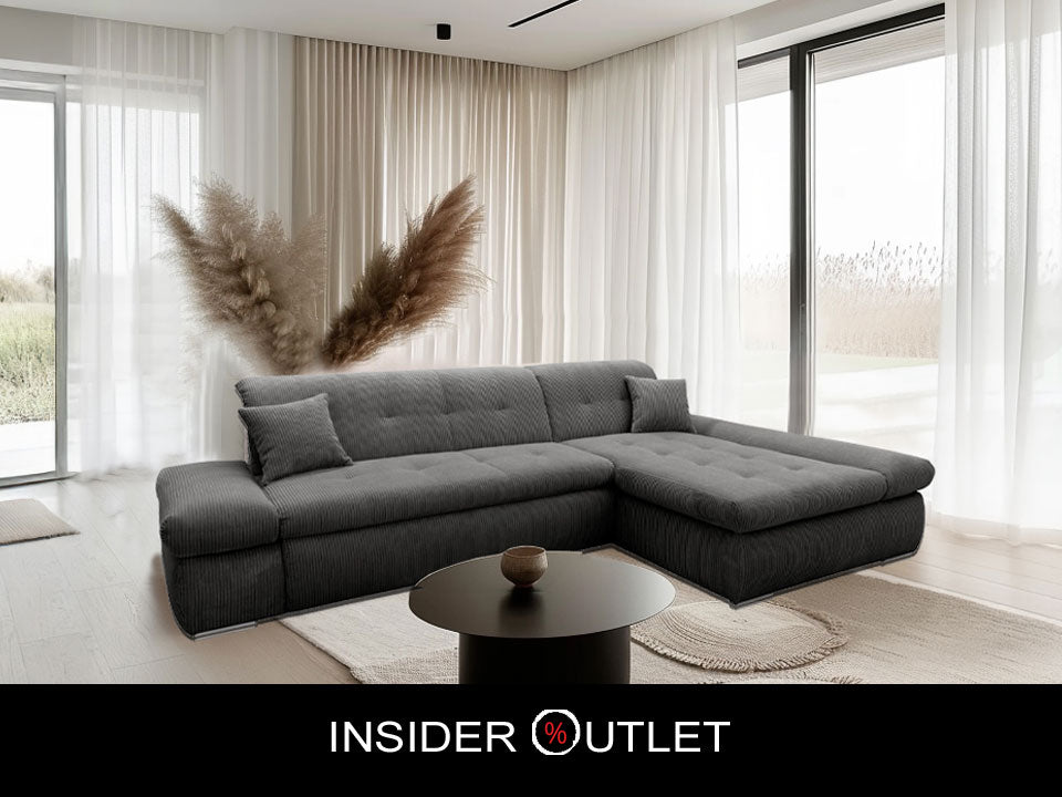 Ecksofa Moric Cord Grau mit Schlaffunktion und Armteilverstellung, Cordsofa, Cordschlafsofa, Couch grau.
