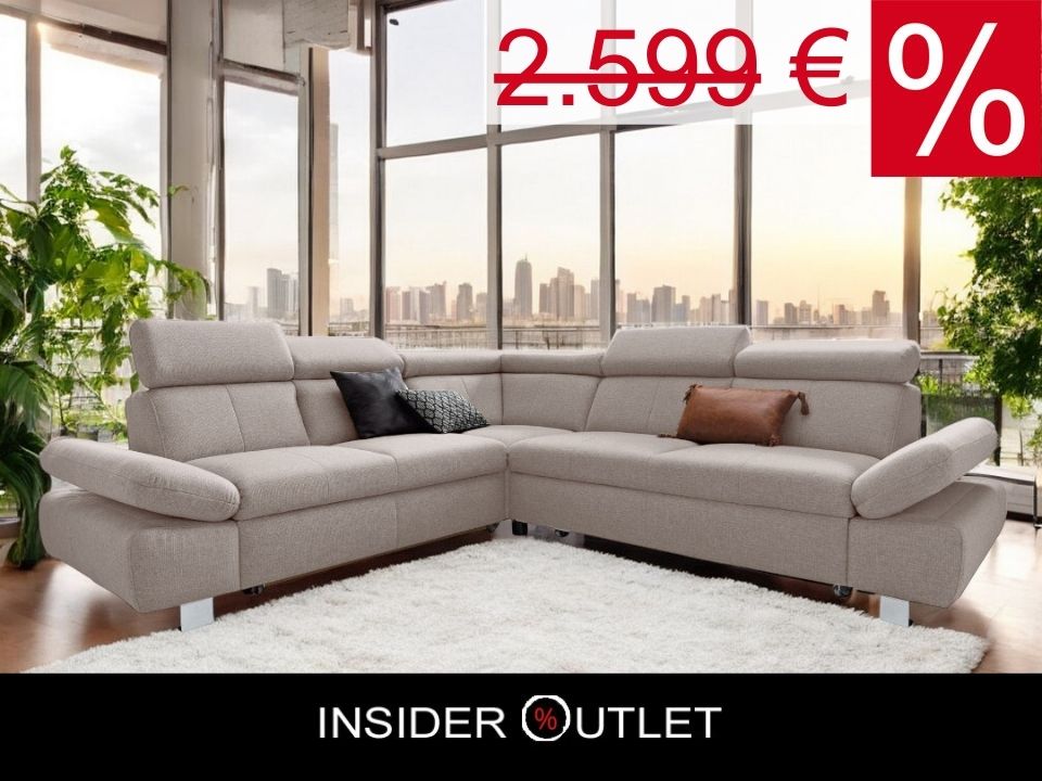 Ecksofa Creme Beige mit Schlaffunktion, Bettkasten, Armteilverstellung und Kopfteilverstellung, Couch Sofa Haustierfreundlich, Katzen geeignet.