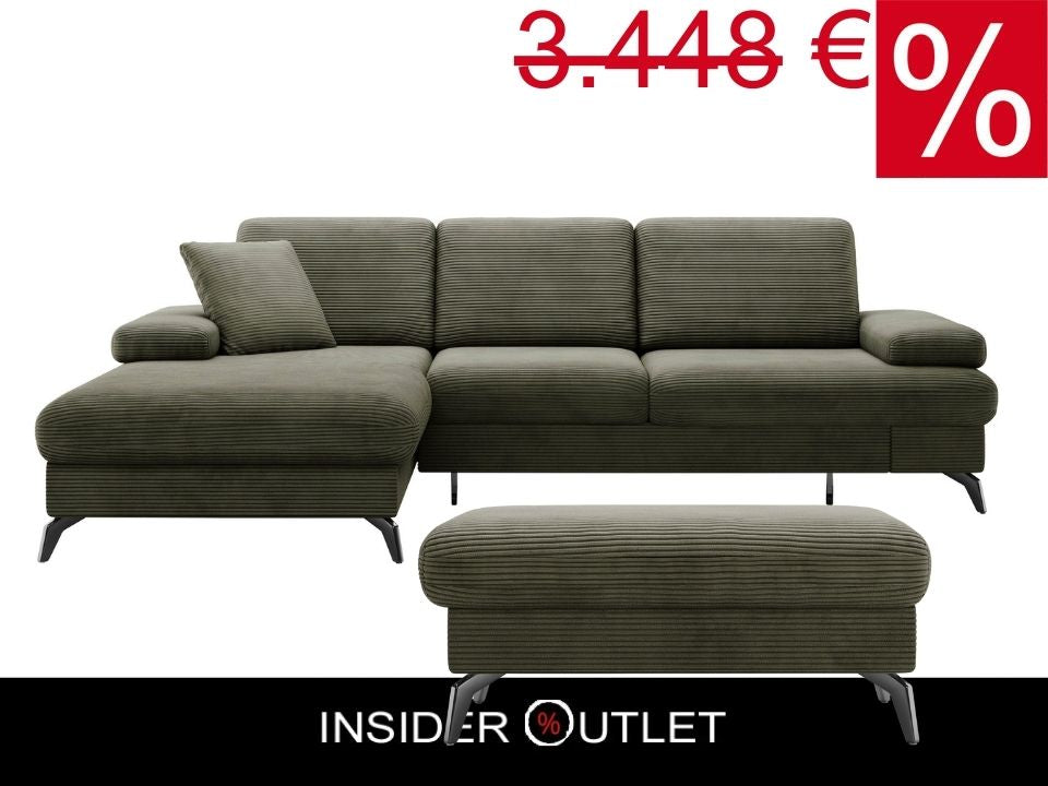 Kleines Cord Ecksofa in Olive Grün mit Hocker und Schlaffunktion im Skandi Design jetzt reduziert im Angebot kaufen.