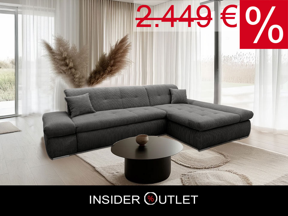 Ecksofa Moric Cord Grau mit Schlaffunktion und Armteilverstellung, Cordsofa, Cordschlafsofa, Couch grau.