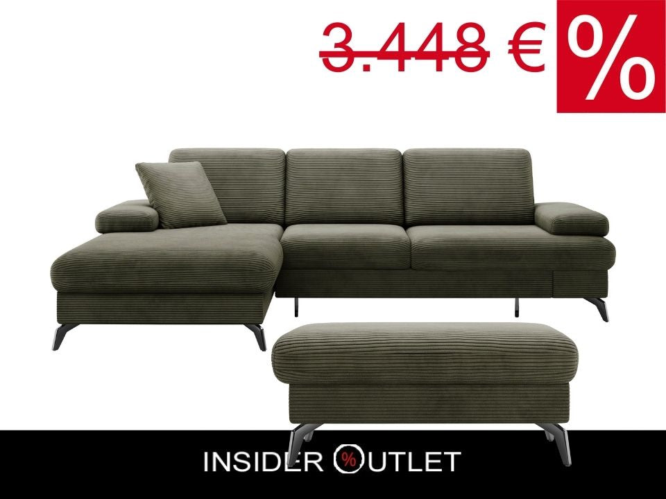 Kleines Cord Ecksofa in Olive Grün mit Hocker und Schlaffunktion im Skandi Design jetzt reduziert im Angebot kaufen.