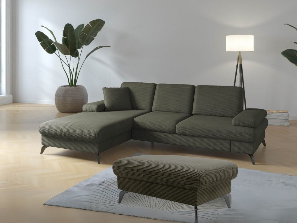 Kleines Cord Ecksofa in Olive Grün mit Hocker und Schlaffunktion im Skandi Design jetzt reduziert im Angebot kaufen.