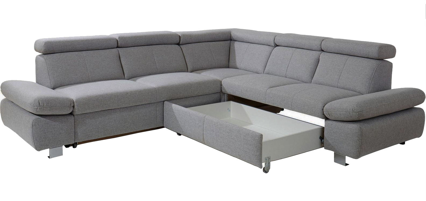 Ecksofa in grau mit Schlaffunktion und Bettkasten Sofa Happy, Couch sofort lieferbar.