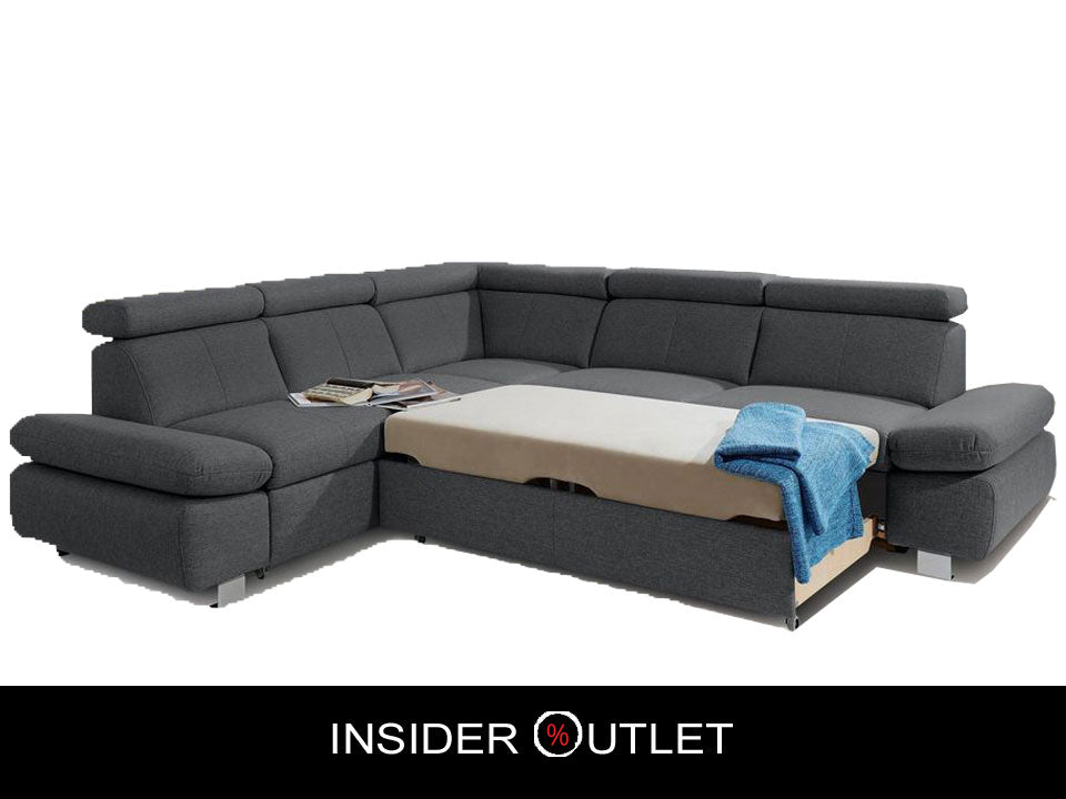 Ecksofa mit Schlaffunktion und Bettkasten sofort lieferbar in Grau Ecksofa Happy.
