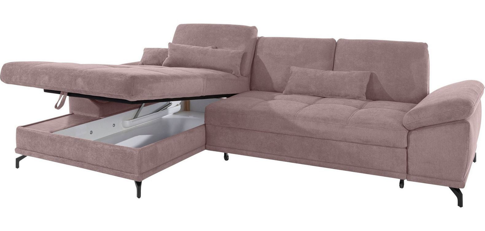 Ecksofa Costello mit Schlaffunktion, Bettkasten und Federkern in pflegeleichtem Rosa Fliede Microfaser Struktur flausch.