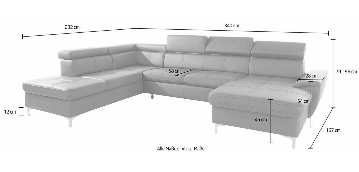 Wohnlandschaft Azzano 340x232 cm U-Form Grau Strukturbezug mit Kopfteilverstellung.