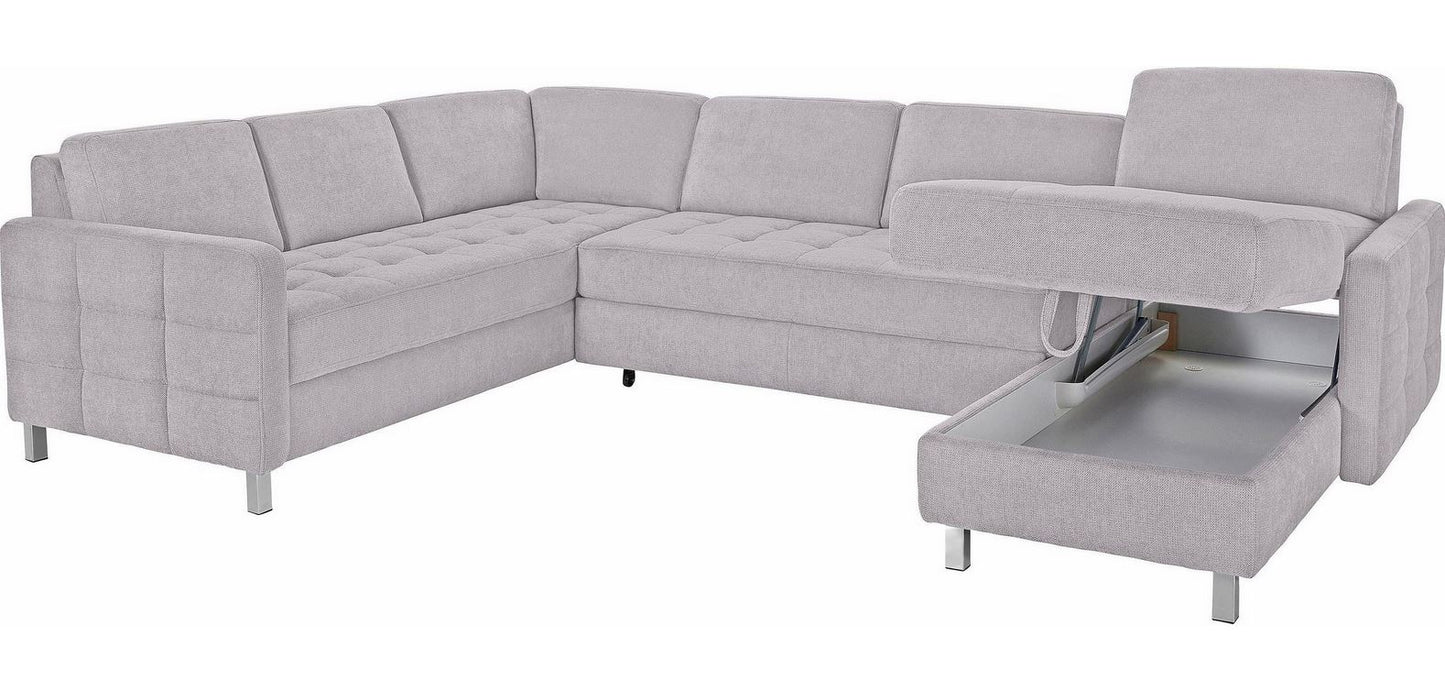 Wohnlandschaft, U-Form Pablo mit Schlaffunktion und Bettkasten in Silber Grau Microfaser.