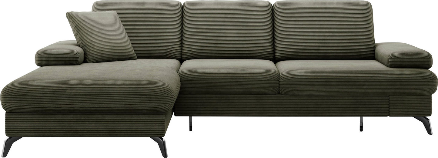 Kleines Cord Ecksofa in Olive Grün mit Hocker und Schlaffunktion im Skandi Design jetzt reduziert im Angebot kaufen.