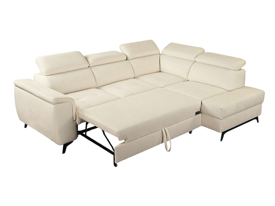 Kleines Ecksofa in Beige mit Schlaffunktion, Bettkasten und Kopfteilverstellung in pflegeleichtem Luxus Microfaser Bezug jetzt reduziert im Angebot online bestellen.