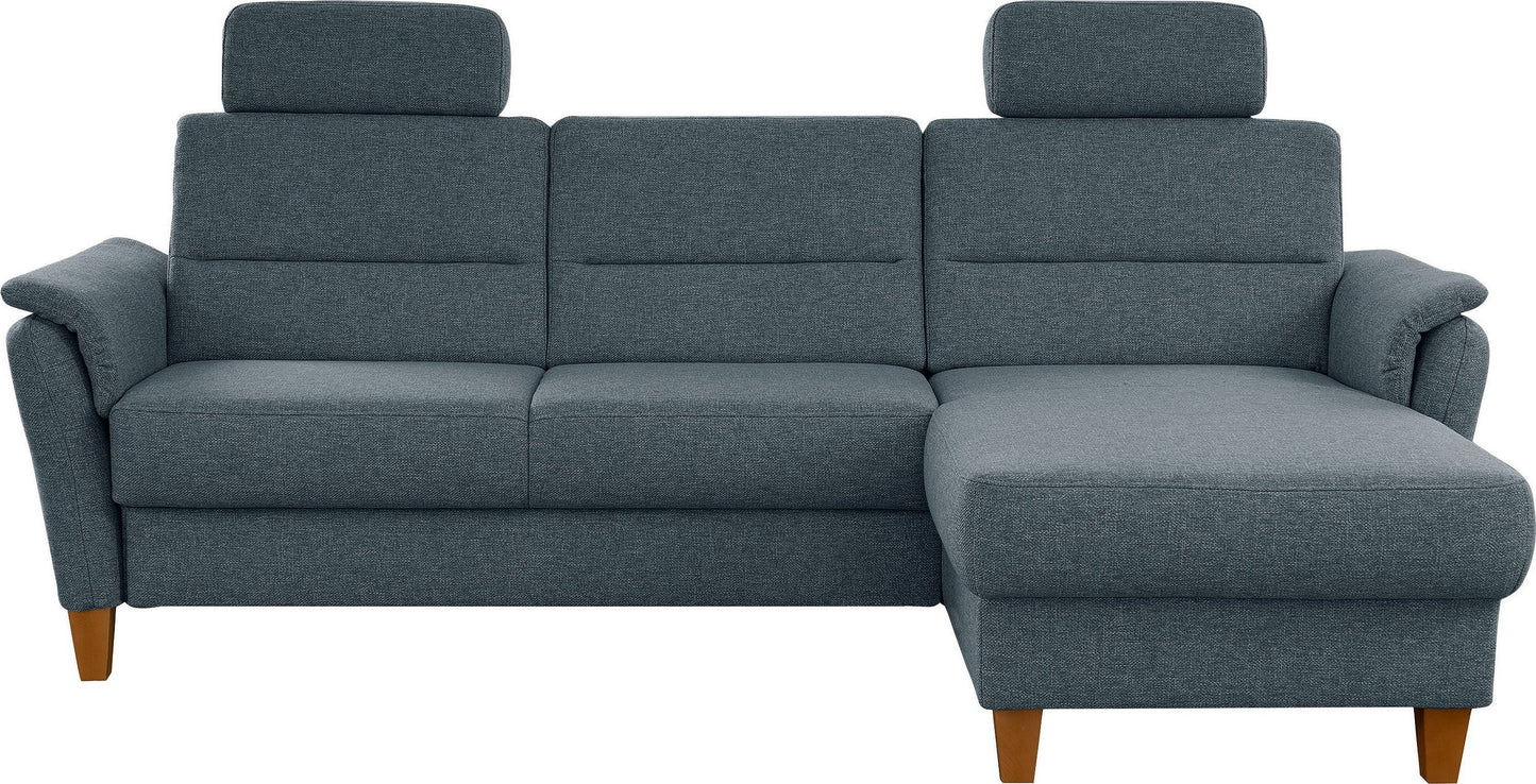 Kleines Ecksofa Grau Blau mit Schlaffunktion, Bettkasten und Federkern Couch Palmera jetzt reduziert im Angebot kaufen.