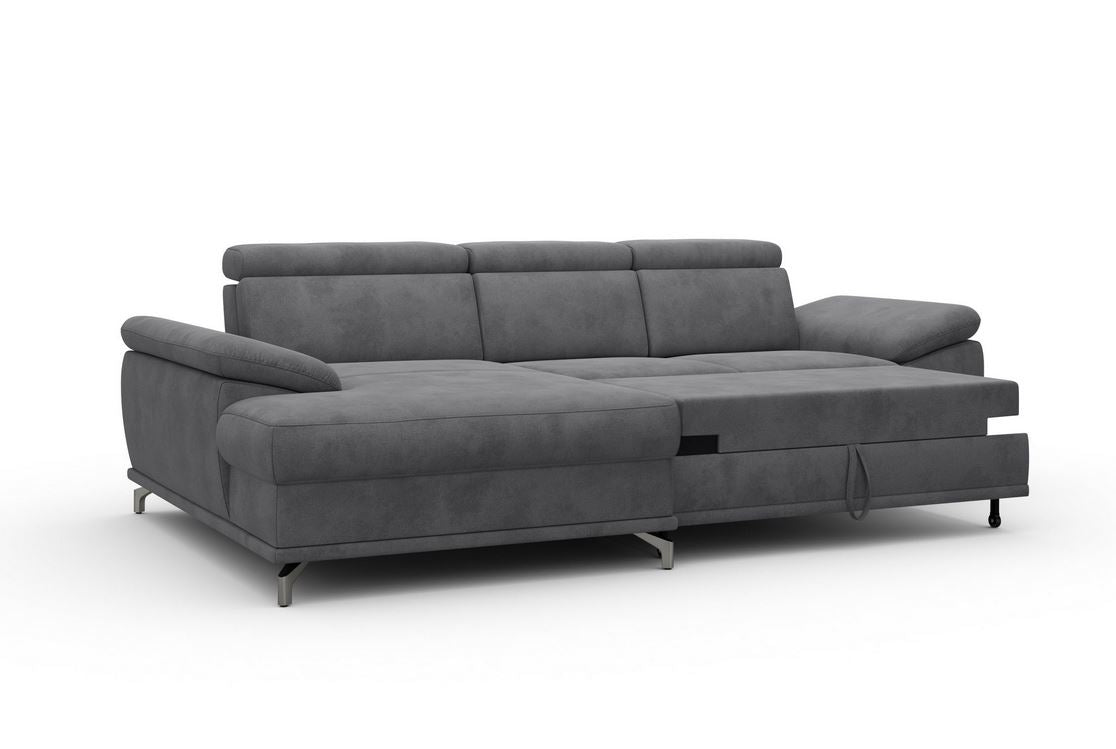 Ecksofa in Grau mit Schlaffunktion, Bettkasten, Federkern und Sitztiefenverstellung, Couch Cabrio in Microfaser.