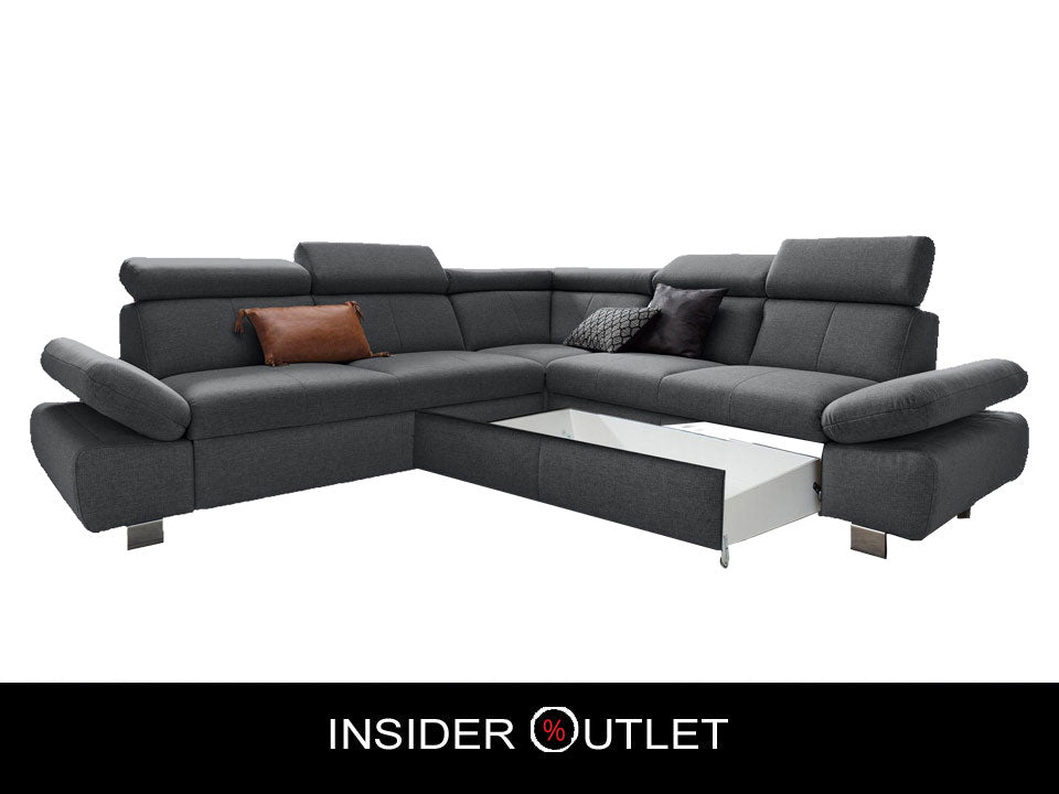 Ecksofa Grau Anthrazit mit Schlaffunktion, Bettkasten, Kopfteil- und Armteilverstellung, Couch Happy.