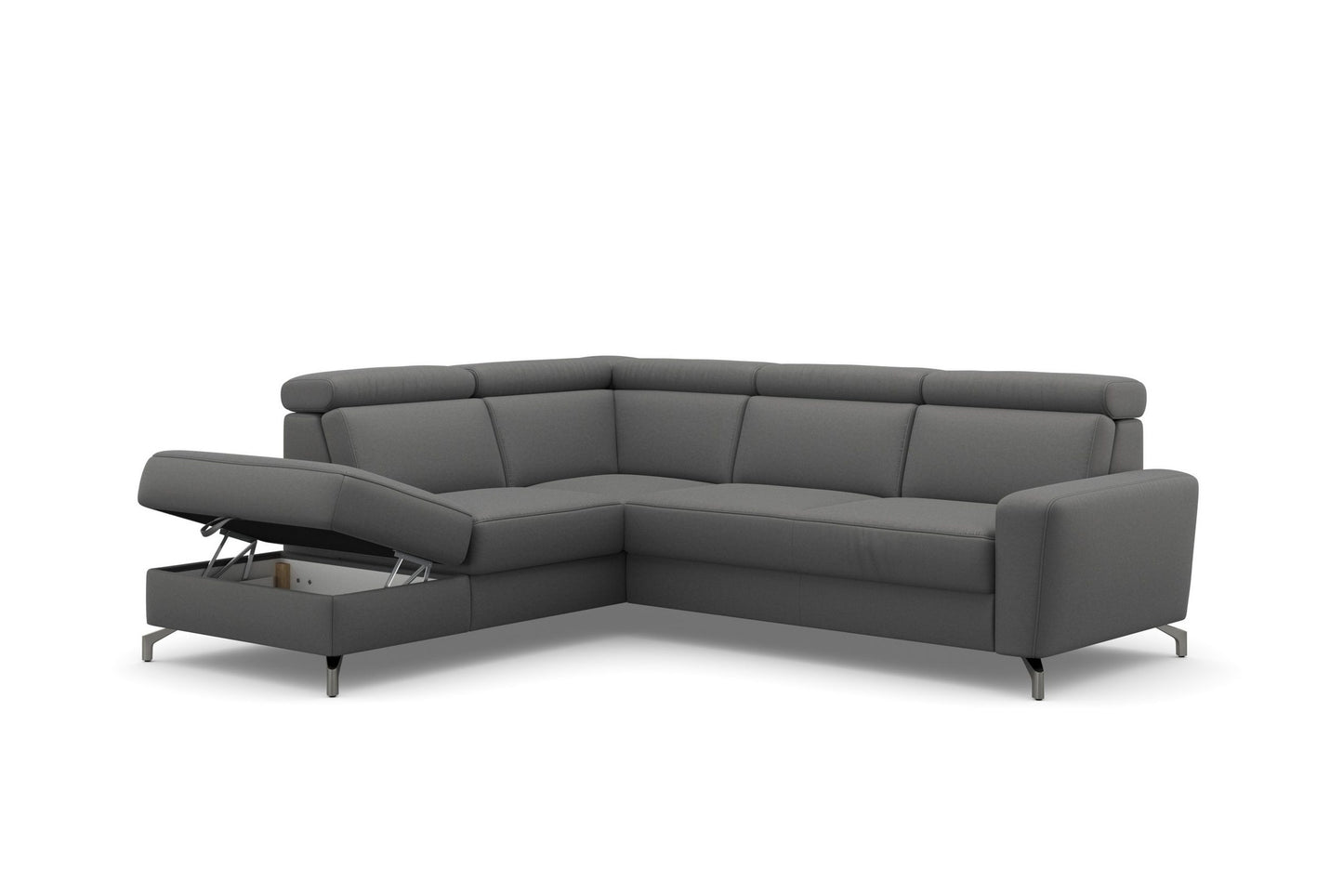 Ecksofa Scarlett Grau mit Schlaffunktion, Bettkasten, Federkern und Kopfteilverstellung in Luxus-Microfaser sofort abholbereit.