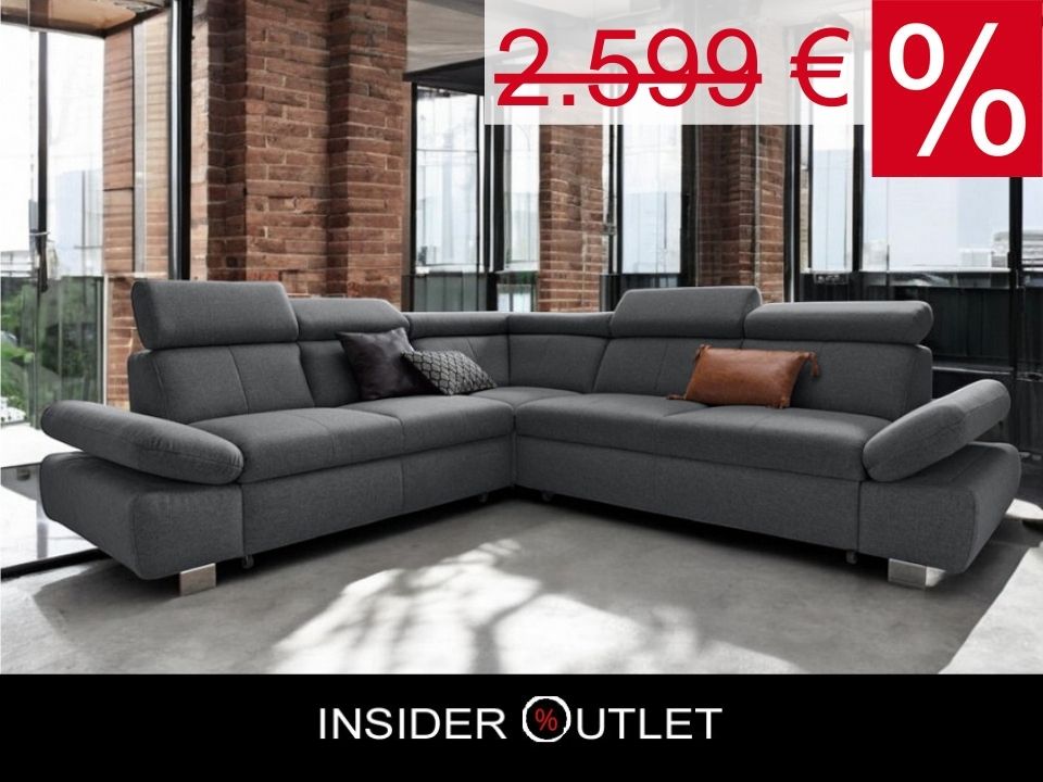 Ecksofa Grau mit Schlaffunktion, Bettkasten und Kopfteilverstellung, Couch Happy mit Haustierfreundlichem Bezug.