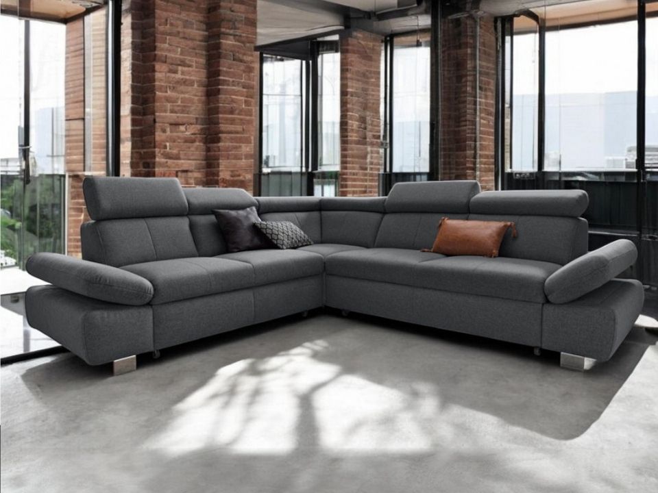 Ecksofa Grau mit Schlaffunktion, Bettkasten und Kopfteilverstellung, Couch Happy mit Haustierfreundlichem Bezug.