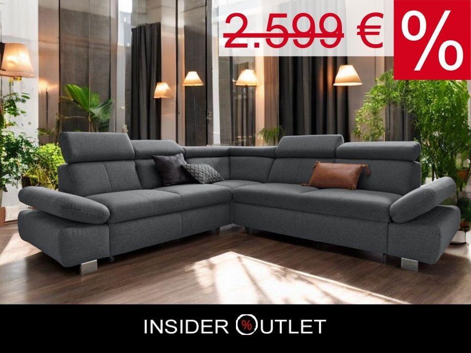 Ecksofa Grau mit Schlaffunktion, Bettkasten und Kopfteilverstellung, Couch Happy mit Haustierfreundlichem Bezug.