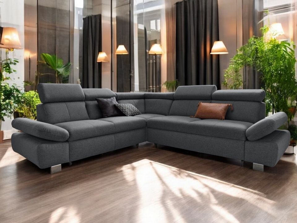 Ecksofa Grau mit Schlaffunktion, Bettkasten und Kopfteilverstellung, Couch Happy mit Haustierfreundlichem Bezug.