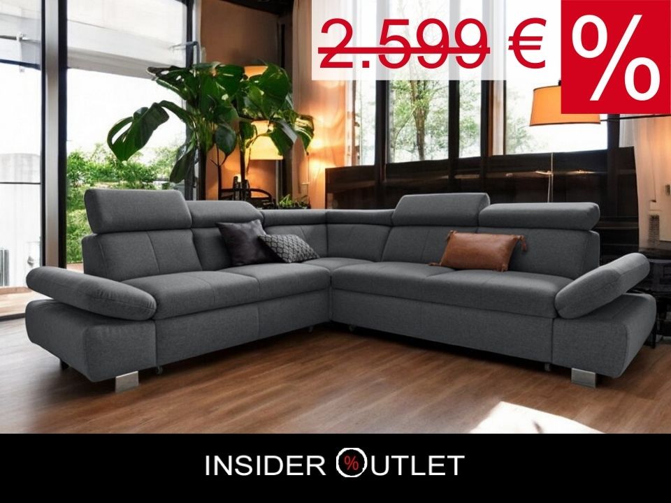 Ecksofa Grau mit Schlaffunktion, Bettkasten und Kopfteilverstellung, Couch Happy mit Haustierfreundlichem Bezug.