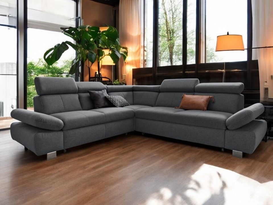 Ecksofa Grau mit Schlaffunktion, Bettkasten und Kopfteilverstellung, Couch Happy mit Haustierfreundlichem Bezug.