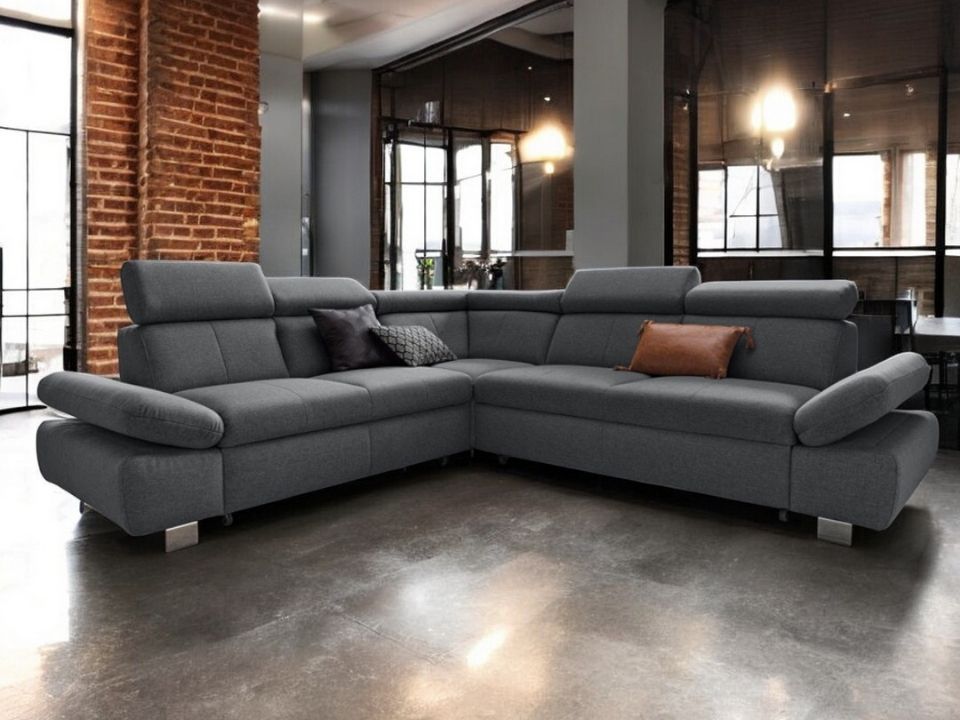 Ecksofa Grau mit Schlaffunktion, Bettkasten und Kopfteilverstellung, Couch Happy mit Haustierfreundlichem Bezug.