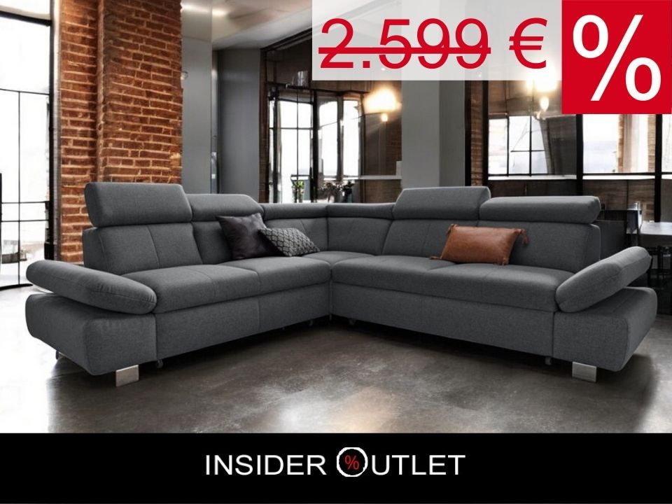 Ecksofa Grau mit Schlaffunktion, Bettkasten und Kopfteilverstellung, Couch Happy mit Haustierfreundlichem Bezug.