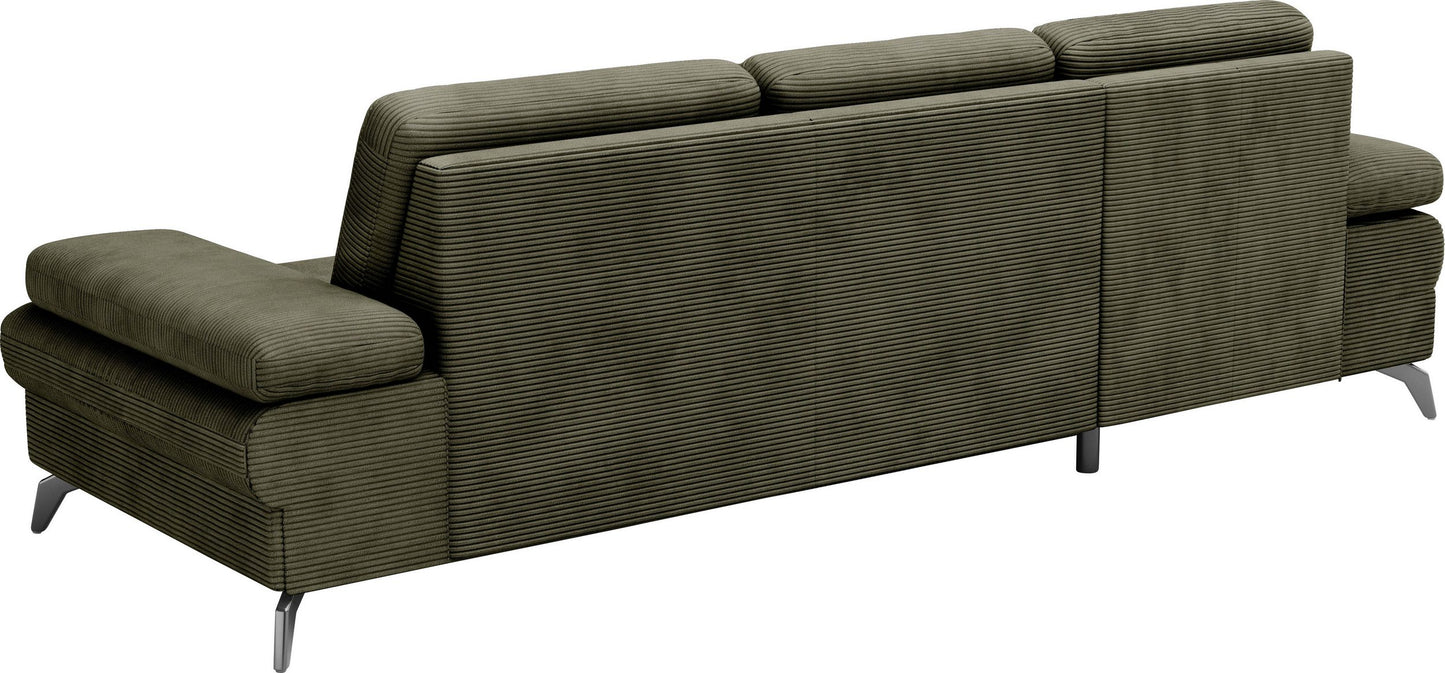 Kleines Cord Ecksofa in Olive Grün mit Hocker und Schlaffunktion im Skandi Design jetzt reduziert im Angebot kaufen.