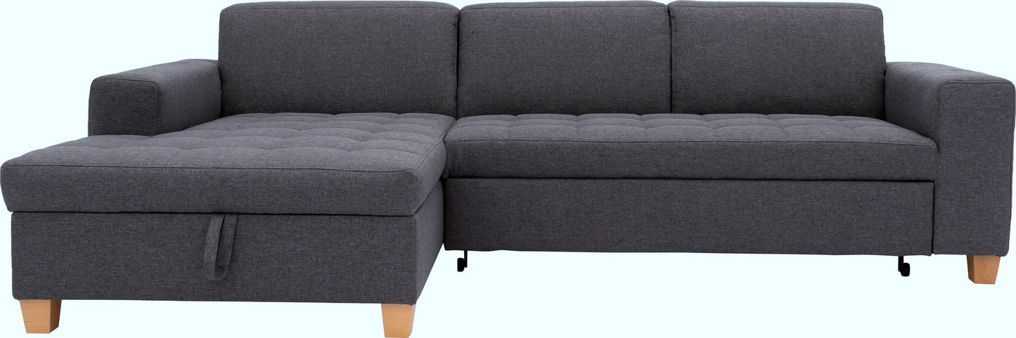 Kleines Ecksofa anthrazit grau mit Schlaffunktion in Überlänge, Bettkasten aus der Serie Teri "Corby" jetzt reduziert Online kaufen.