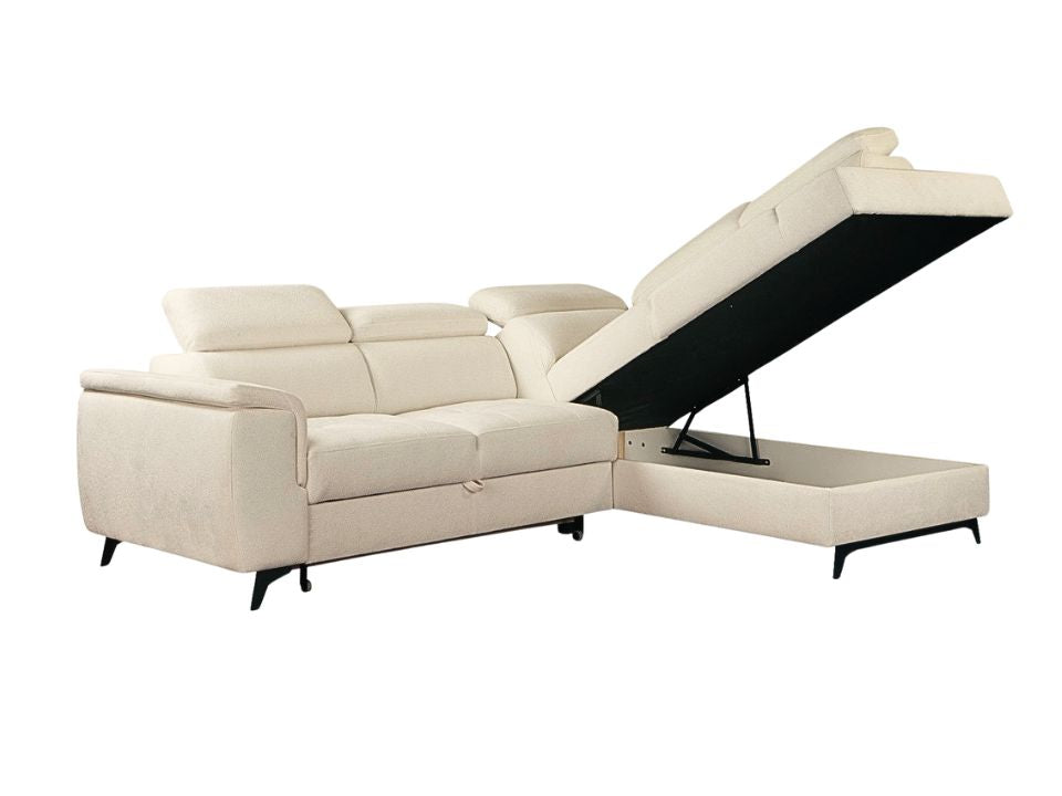 Kleines Ecksofa in Beige mit Schlaffunktion, riesen Bettkasten und Kopfteilverstellung in pflegeleichtem Luxus Microfaser Bezug jetzt reduziert im Angebot online bestellen.