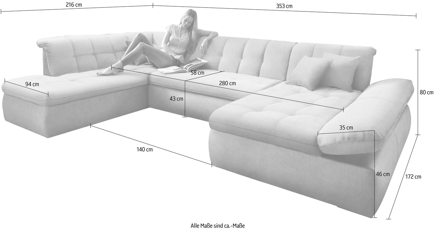 Wohnlandschaft beige mit Schlaffunktion in Luxus-Microfaser Lederoptik NMoric.