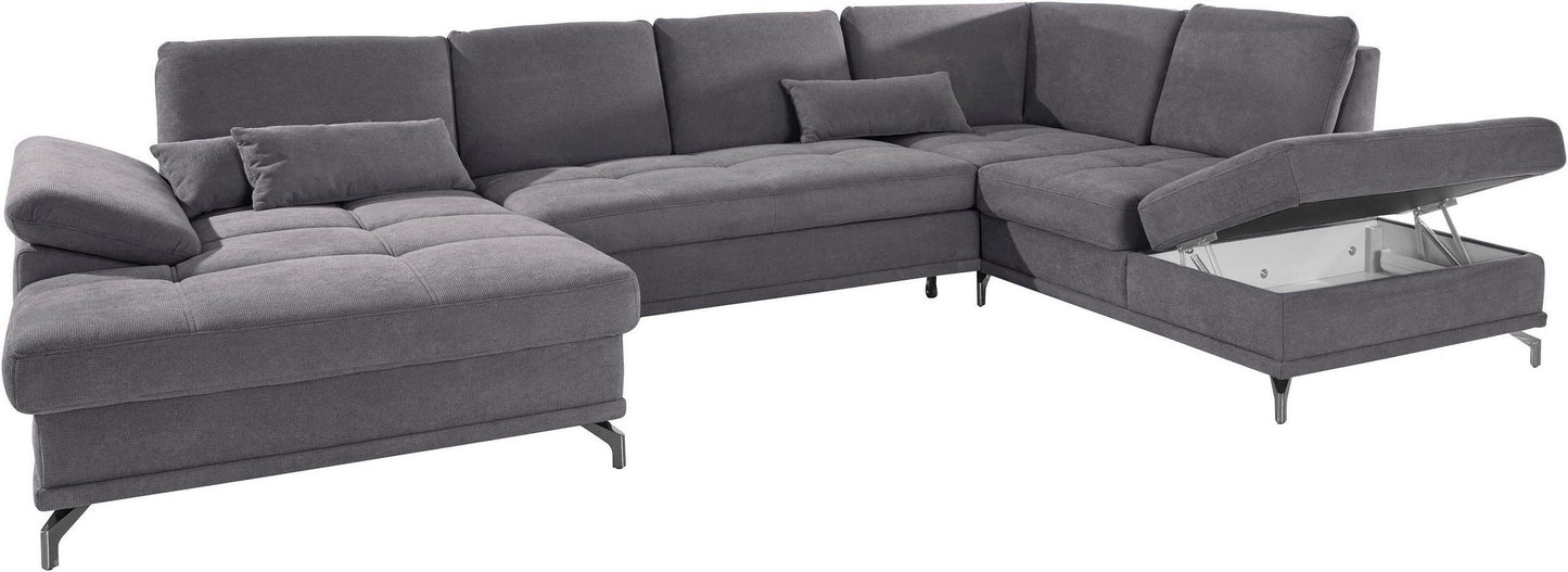 Wohnlandschaft Grau mit Schlaffunktion, Bettkasten, Federkern und Sitztiefenverstellung im pflegeleichtem und weichem Luxus-Microfaser Bezug, Costello.