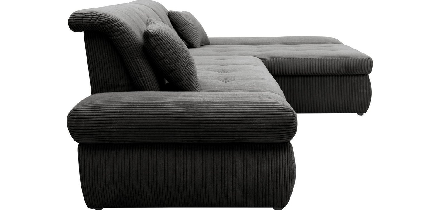 Ecksofa Moric Cord Grau mit Schlaffunktion und Armteilverstellung, Cordsofa, Cordschlafsofa, Couch grau.