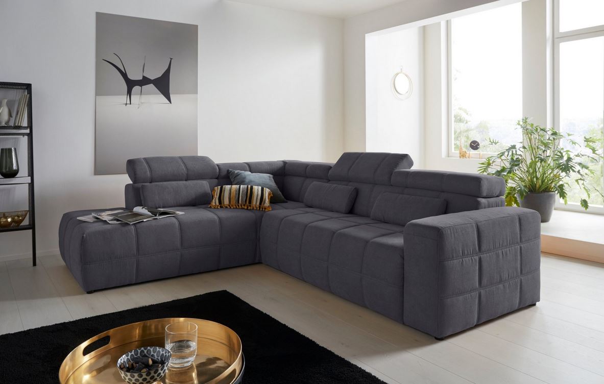 Ecksofa Grau Brandon mit Sitztiefenverstellung in Microfaser, Couch.